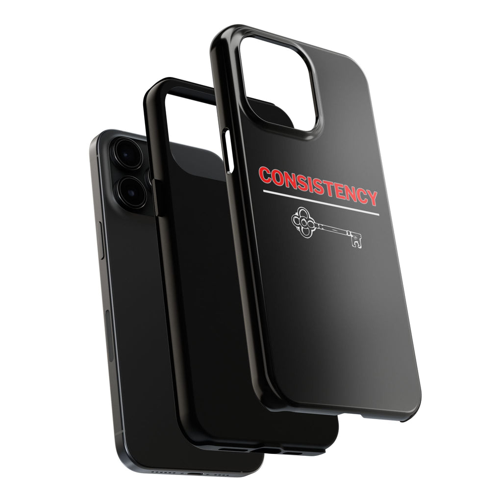 Consistency Key iPhone 14, 15, 16 and 17 Compatible Black Phone Case | Motivational Quote Tough Phone Case