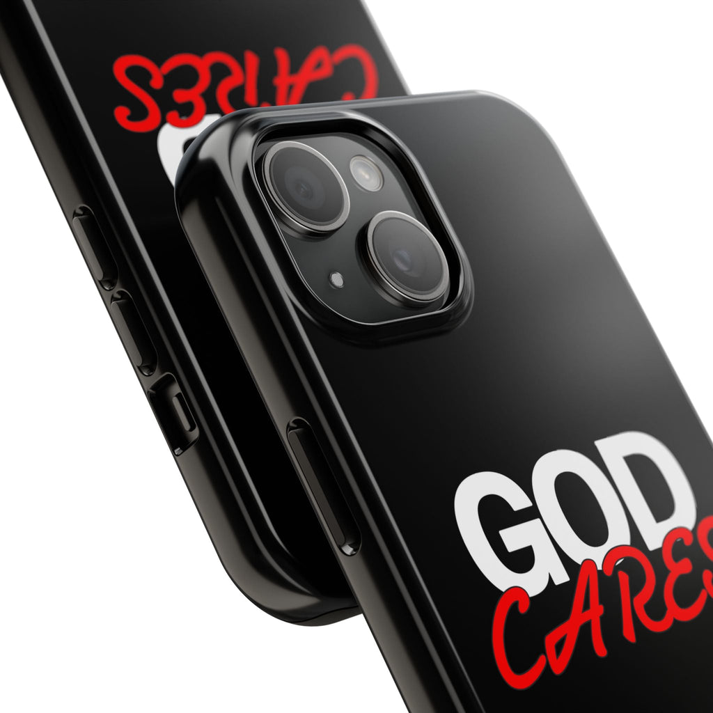 God Cares iPhone 14, 15, 16 and 17 Compatible Black Phone Case | Christian Scripture Typography, Black Red Text
