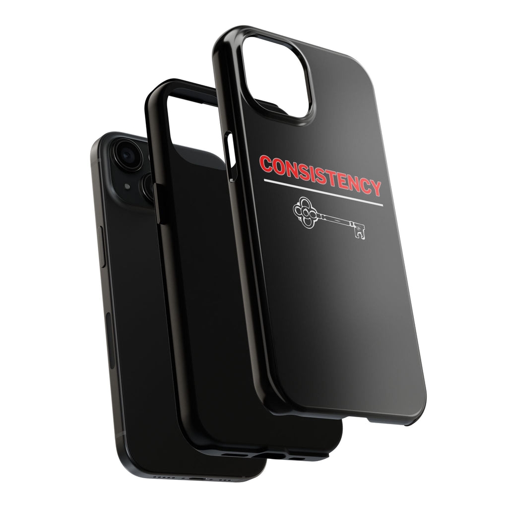 Consistency Key iPhone 14, 15, 16 and 17 Compatible Black Phone Case | Motivational Quote Tough Phone Case