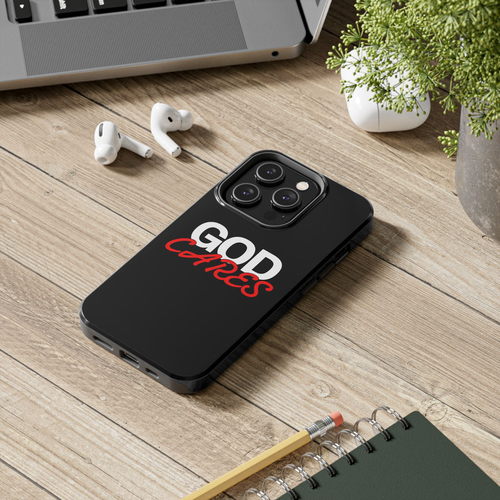 God Cares iPhone 14, 15, 16 and 17 Compatible Black Phone Case | Christian Scripture Typography, Black Red Text