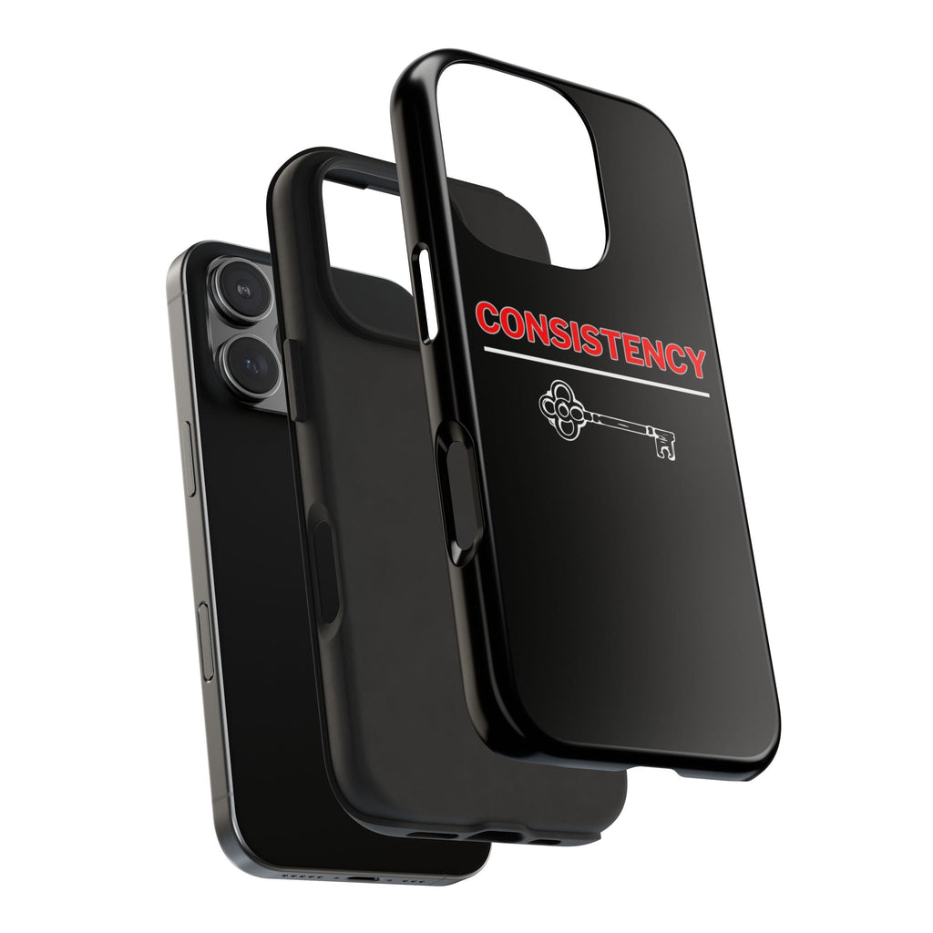 Consistency Key iPhone 14, 15, 16 and 17 Compatible Black Phone Case | Motivational Quote Tough Phone Case