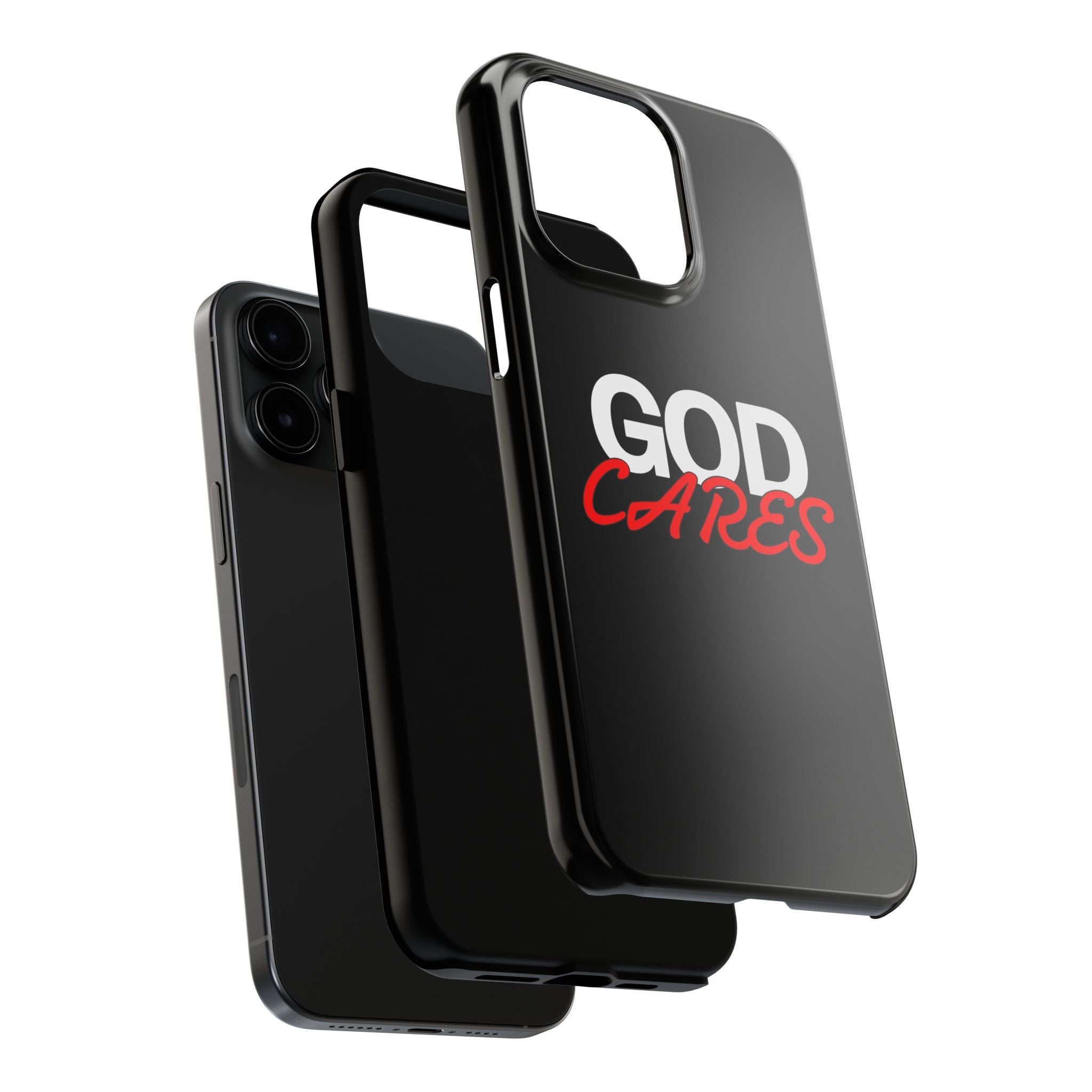 God Cares iPhone 14, 15, 16 and 17 Compatible Black Phone Case | Christian Scripture Typography, Black Red Text
