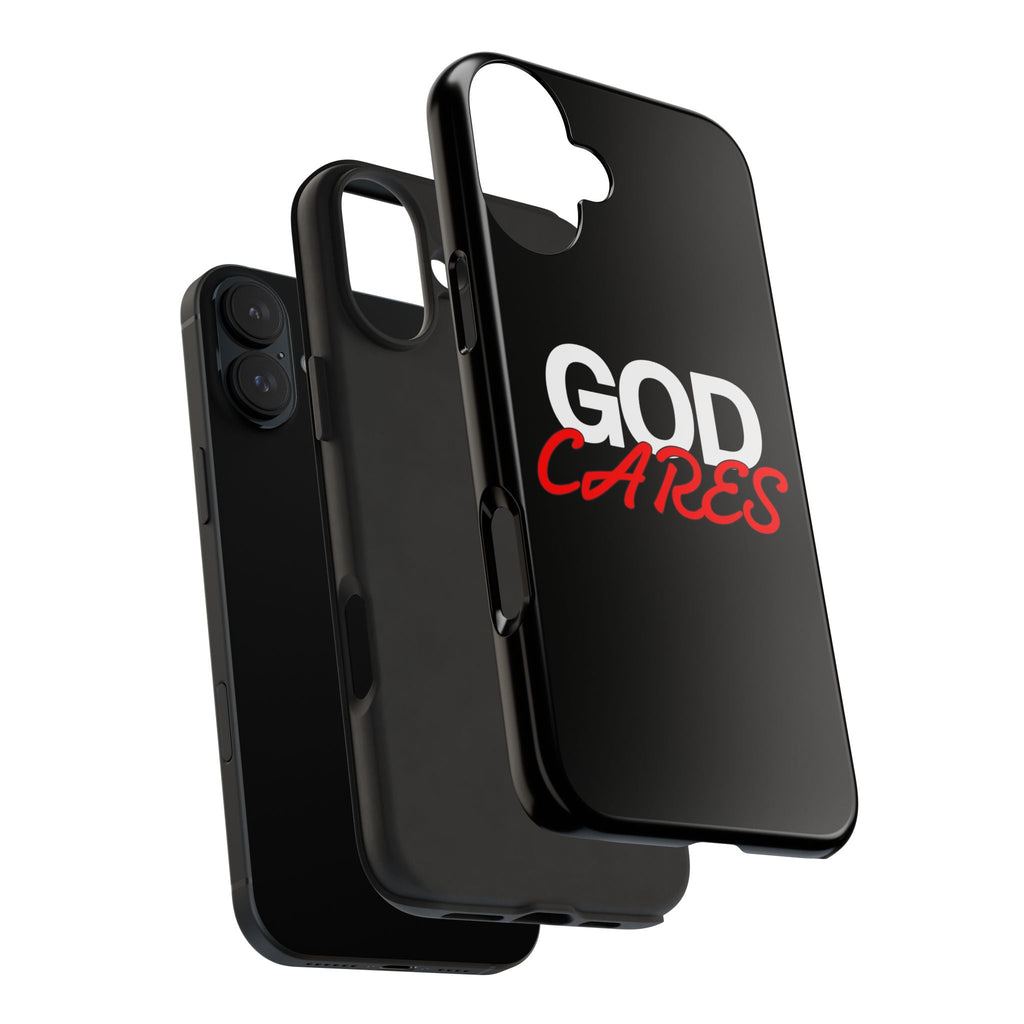 God Cares iPhone 14, 15, 16 and 17 Compatible Black Phone Case | Christian Scripture Typography, Black Red Text
