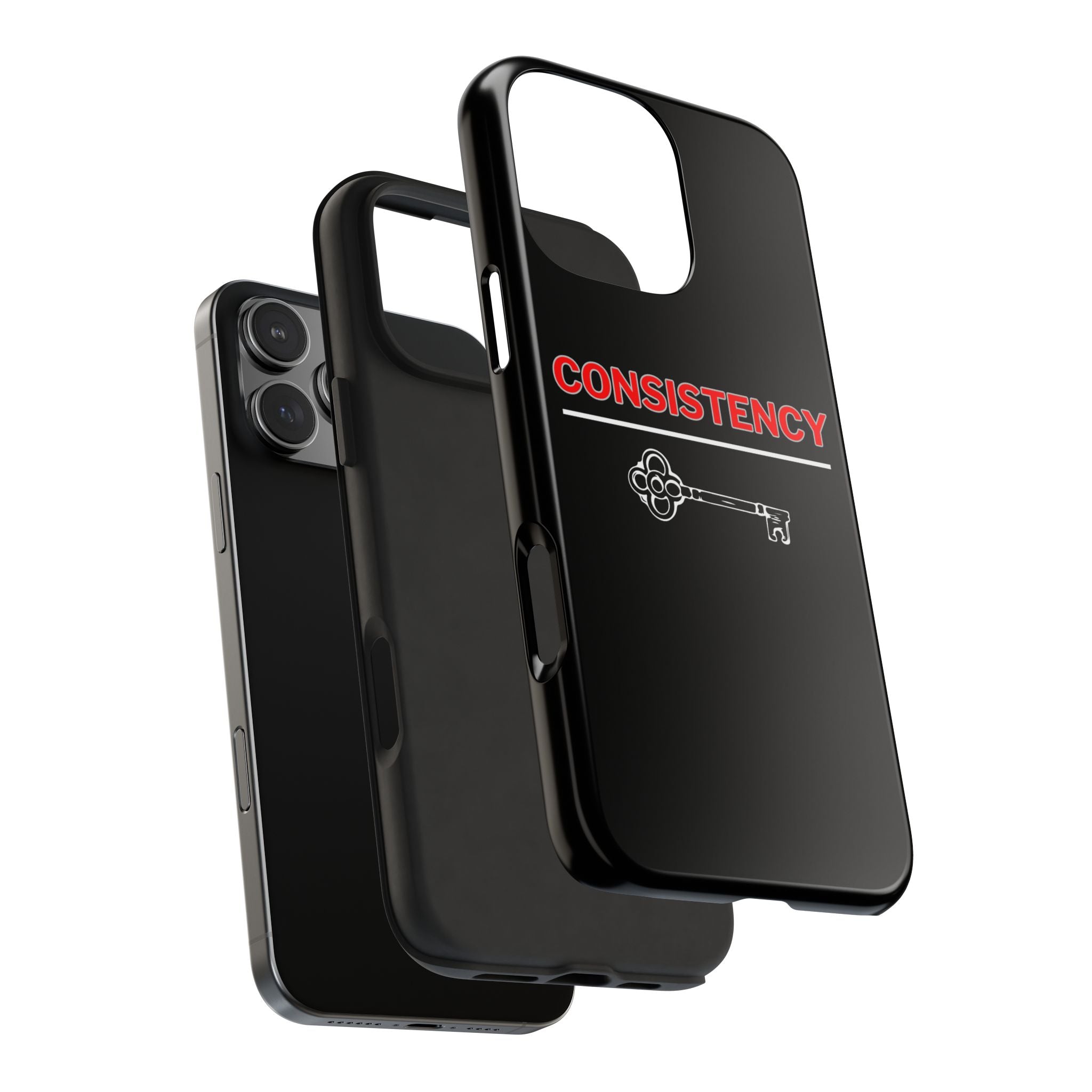Consistency Key iPhone 14, 15, 16 and 17 Compatible Black Phone Case | Motivational Quote Tough Phone Case