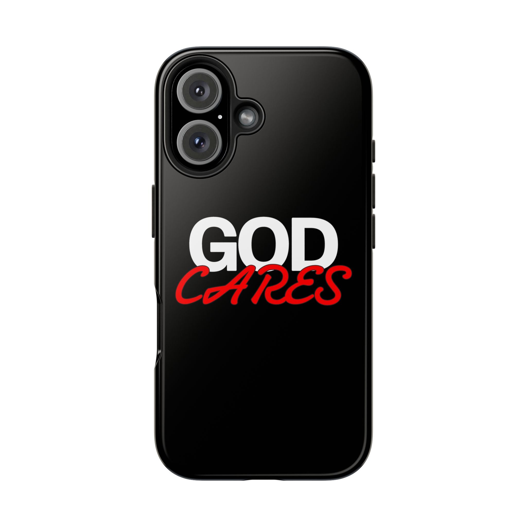 God Cares iPhone 14, 15, 16 and 17 Compatible Black Phone Case | Christian Scripture Typography, Black Red Text