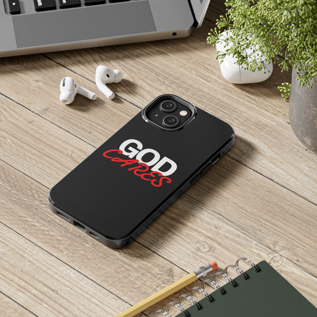 God Cares iPhone 14, 15, 16 and 17 Compatible Black Phone Case | Christian Scripture Typography, Black Red Text