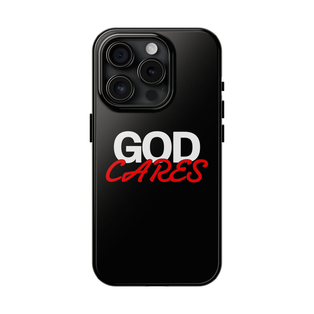 God Cares iPhone 14, 15, 16 and 17 Compatible Black Phone Case | Christian Scripture Typography, Black Red Text