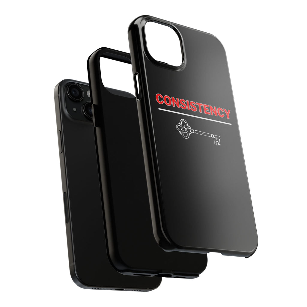 Consistency Key iPhone 14, 15, 16 and 17 Compatible Black Phone Case | Motivational Quote Tough Phone Case