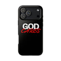 God Cares iPhone 14, 15, 16 and 17 Compatible Black Phone Case | Christian Scripture Typography, Black Red Text