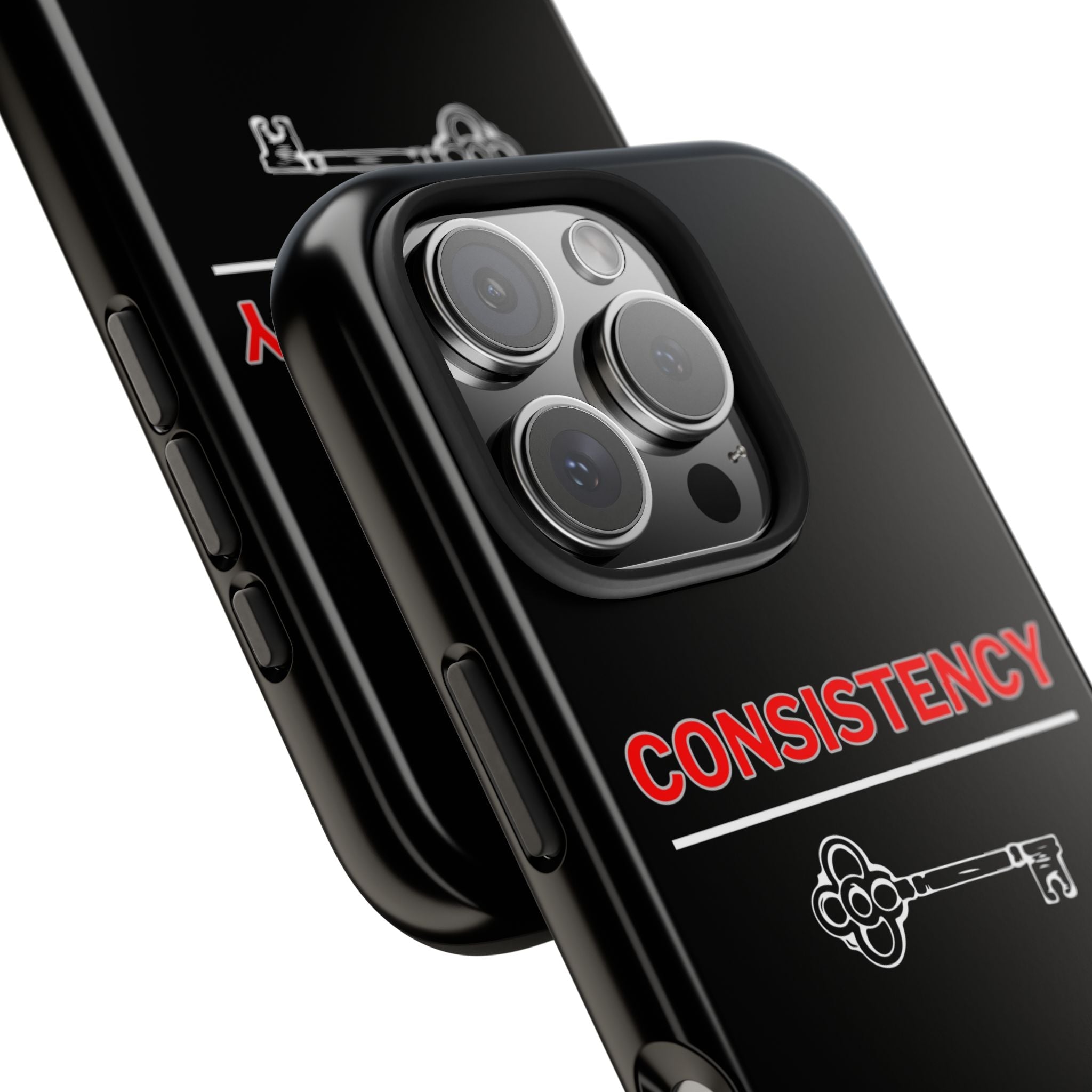 Consistency Key iPhone 14, 15, 16 and 17 Compatible Black Phone Case | Motivational Quote Tough Phone Case