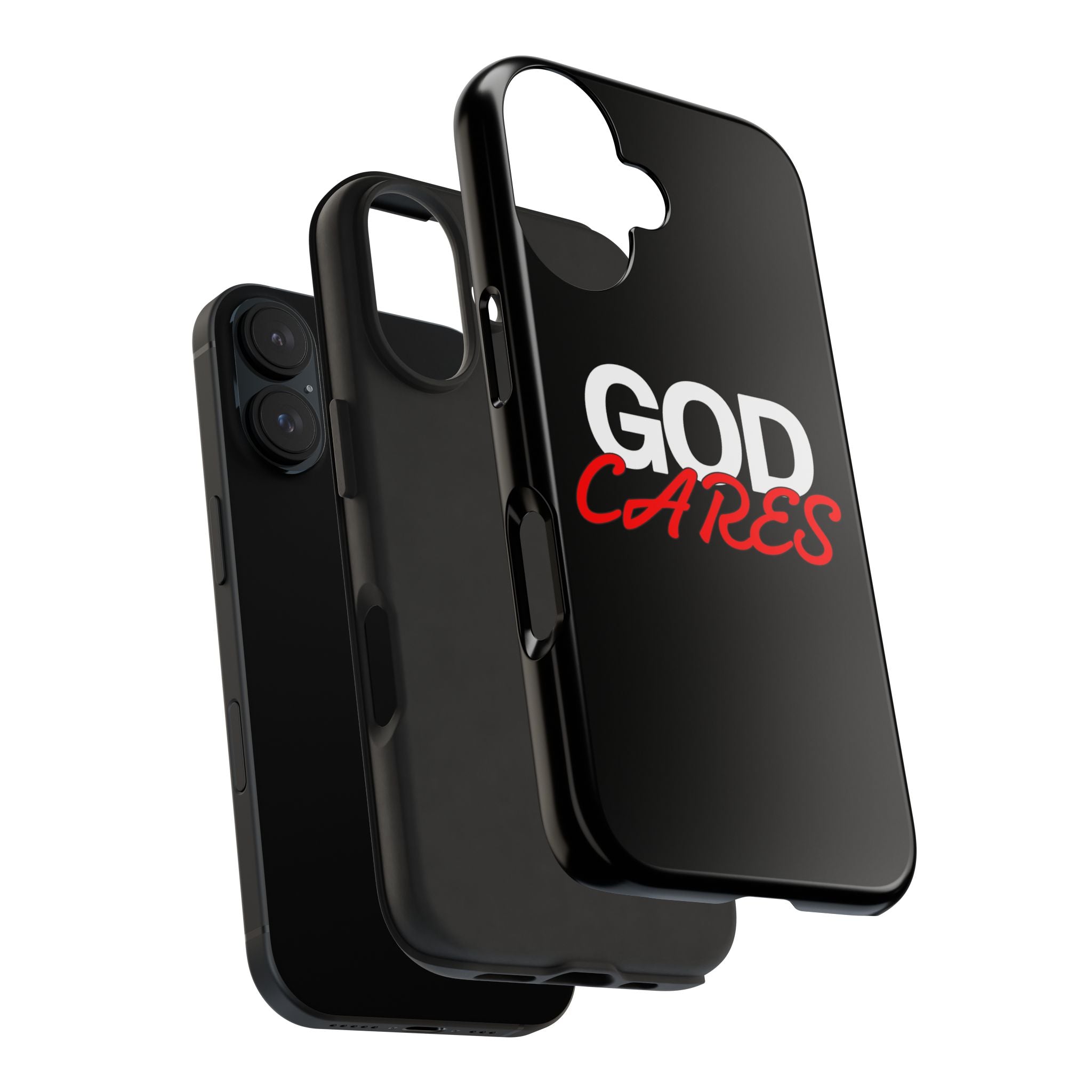 God Cares iPhone 14, 15, 16 and 17 Compatible Black Phone Case | Christian Scripture Typography, Black Red Text